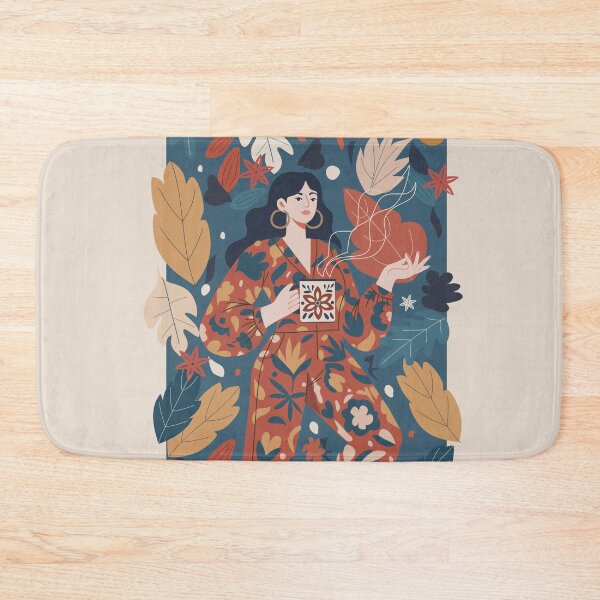Item preview, relaxed woman enjoying a hot drink, surrounded by abstract flowers and leaves designed and sold by nesgalina.
