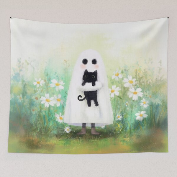Item preview, Cute Ghost Holding Black Cat in a Dreamy Daisy Meadow Glow designed and sold by UtArt.
