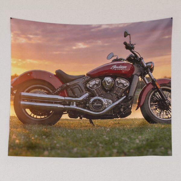 Item preview, Red Indian Scout Sixty motorcycle at the park with sunset and lake view designed and sold by BlareBlare.