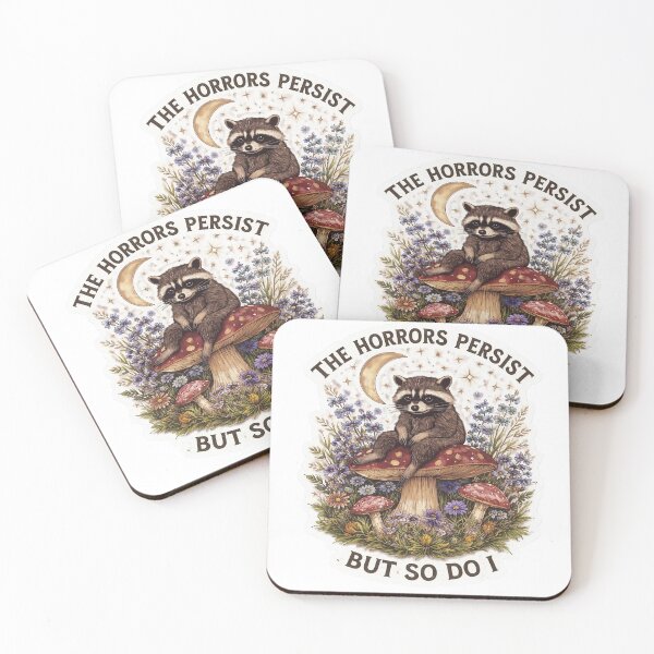Item preview, The Horrors Persist But So Do I" Raccoon on Mushroom Sticker designed and sold by  Artify Lab.