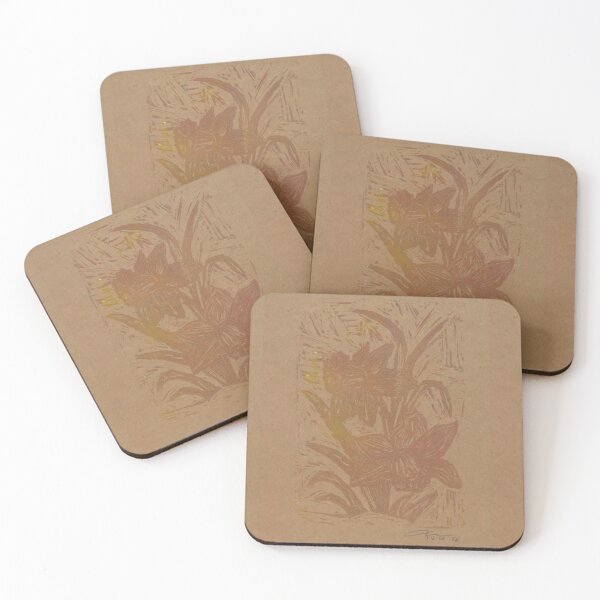 Item preview, Daffodill lino Print (Orange/yellow on brown card) designed and sold by Life's eye Art and photography.
