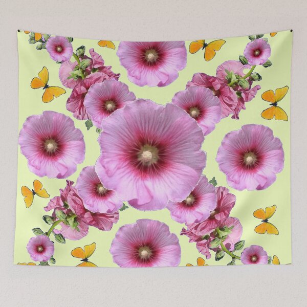 Item preview, PINK HOLLYHOCKS & YELLOW BUTTERFLIES ART  designed and sold by sharlesart.