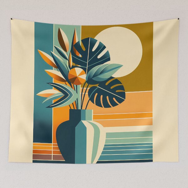 Item preview, Geometric Botanical Vase with Sun and Tropical Leaves designed and sold by InkSmithery.