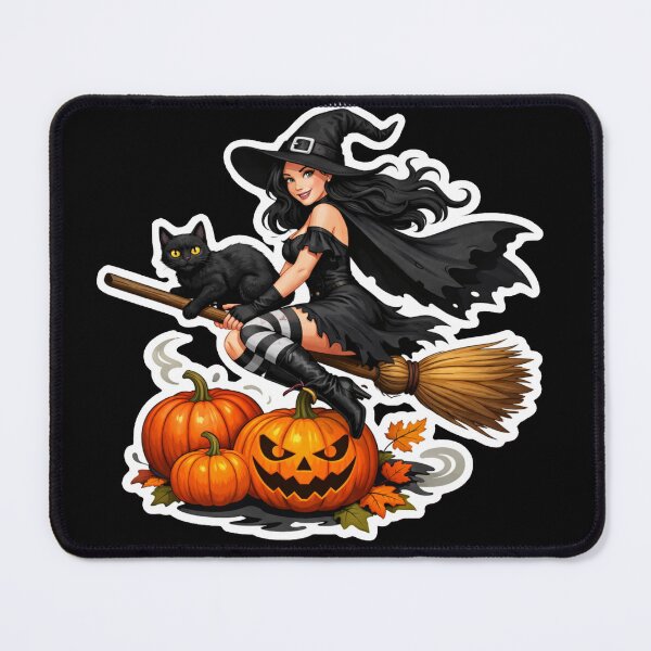 Item preview, Cute Halloween Witch with Black Cat Riding Broom designed and sold by Express Culture.