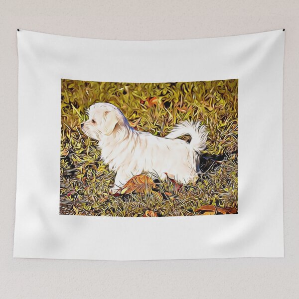 Item preview, Un perro maltés blanco de pie en un campo de hierba dorada. designed and sold by ZoroDesign.