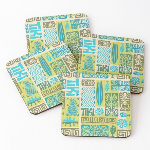 Item preview, Retro Hawaii Tiki Chartreuse and Turquoise Blue Tropical Tapa Print designed and sold by RetroMaggie.