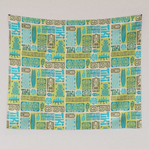 Item preview, Retro Hawaii Tiki Chartreuse and Turquoise Blue Tropical Tapa Print designed and sold by RetroMaggie.