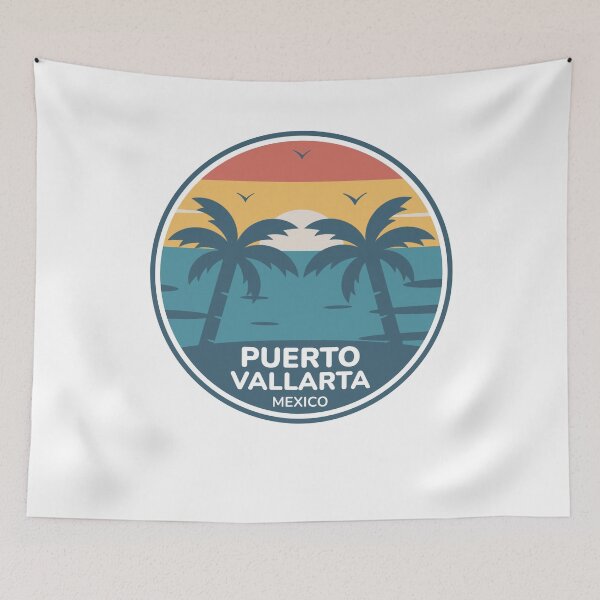 Aperçu de l'œuvre Puerto Vallarta, Mexique - Voyage rétro au coucher du soleil sur la plage et sous les palmiers créée et vendue par Shape Snip Studio.