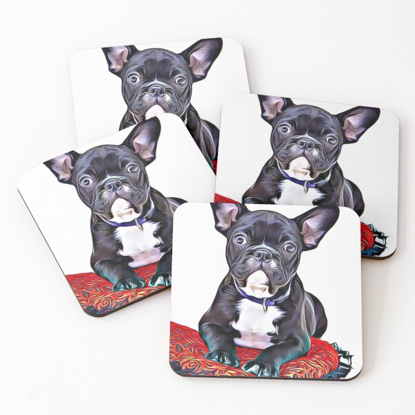 Item preview, A black and white French Bulldog puppy resting on a red cushion. designed and sold by ZoroDesign.