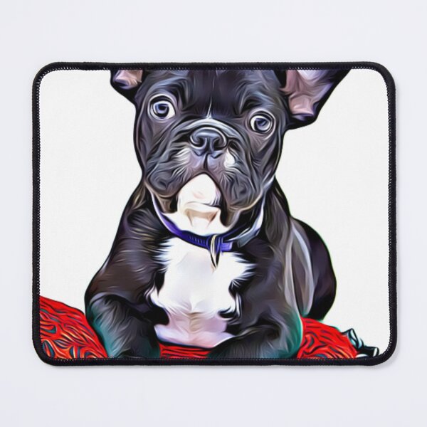 Item preview, A black and white French Bulldog puppy resting on a red cushion. designed and sold by ZoroDesign.