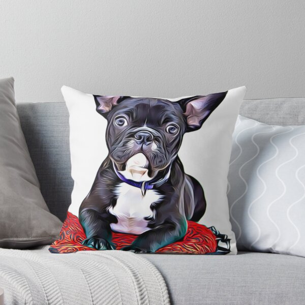 Item preview, A black and white French Bulldog puppy resting on a red cushion. designed and sold by ZoroDesign.