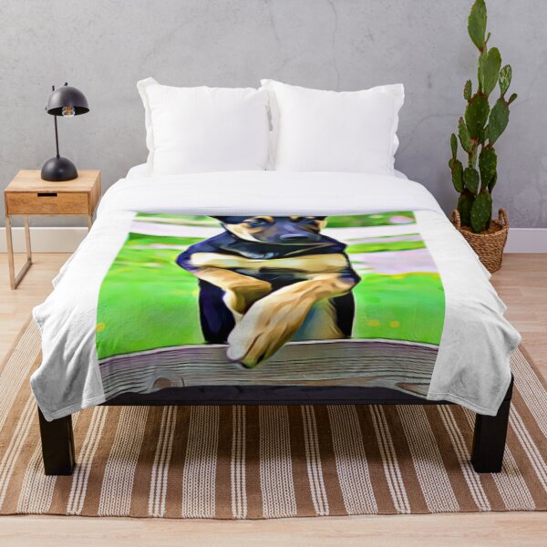 Item preview, Un cachorro negro y marrón descansa sus patas sobre una barandilla de madera. designed and sold by ZoroDesign.