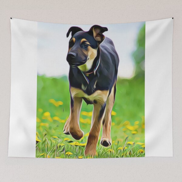 Item preview, A black and tan puppy running through a field. designed and sold by ZoroDesign.