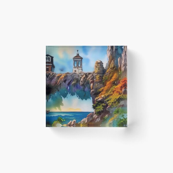 Item preview, Surreal Floating Cliffs Lighthouse Watercolor designed and sold by Serene Strokes Art.