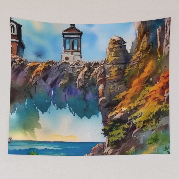 Item preview, Surreal Floating Cliffs Lighthouse Watercolor designed and sold by Serene Strokes Art.