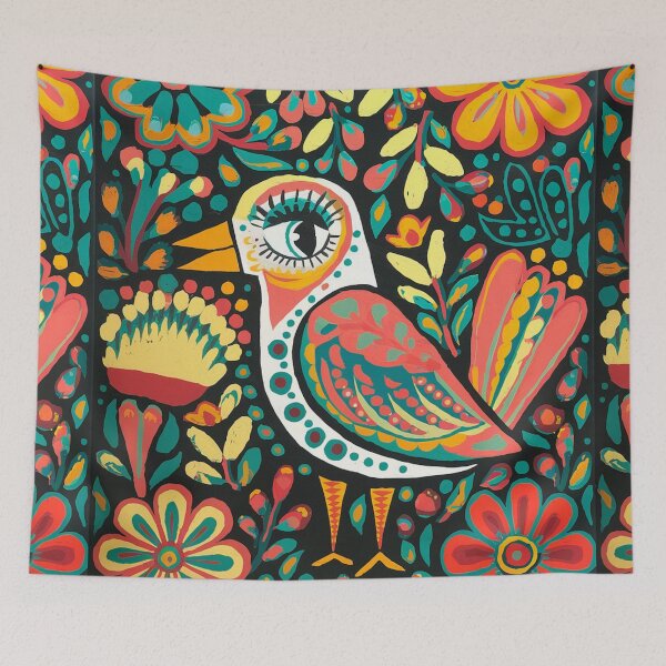 Item preview, Colorful Folk Art Bird Print – Botanical Floral Bird designed and sold by Filora Atelier | Bird Art.