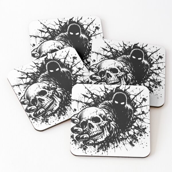 Item preview, Sinister black-and-white illustration of a grim reaper figure reaching through a shattered background to clutch a human skull, evoking horror, death, gothic style, designed and sold by Dejbar.