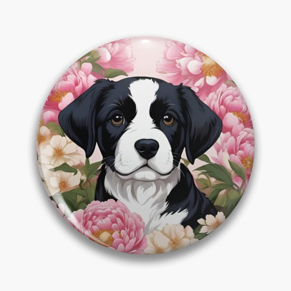 Item preview, Black and White Puppy Nestled in Pink Peonies designed and sold by CASASIS_MERCH.
