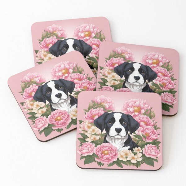 Item preview, Black and White Puppy Nestled in Pink Peonies designed and sold by CASASIS_MERCH.