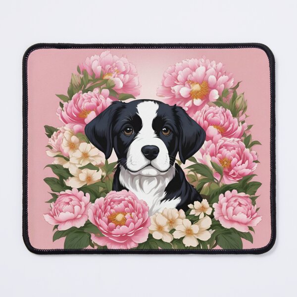 Item preview, Black and White Puppy Nestled in Pink Peonies designed and sold by CASASIS_MERCH.