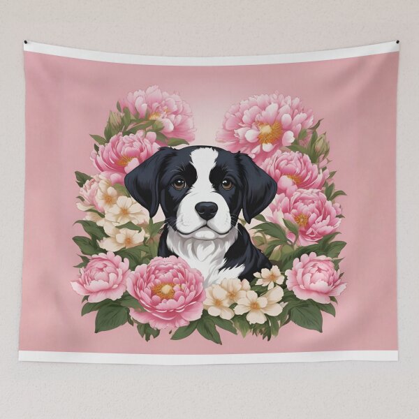 Item preview, Black and White Puppy Nestled in Pink Peonies designed and sold by CASASIS_MERCH.