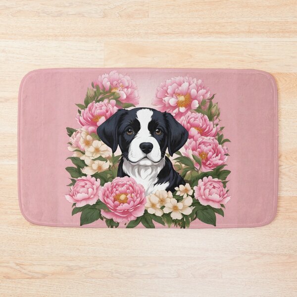 Item preview, Black and White Puppy Nestled in Pink Peonies designed and sold by CASASIS_MERCH.