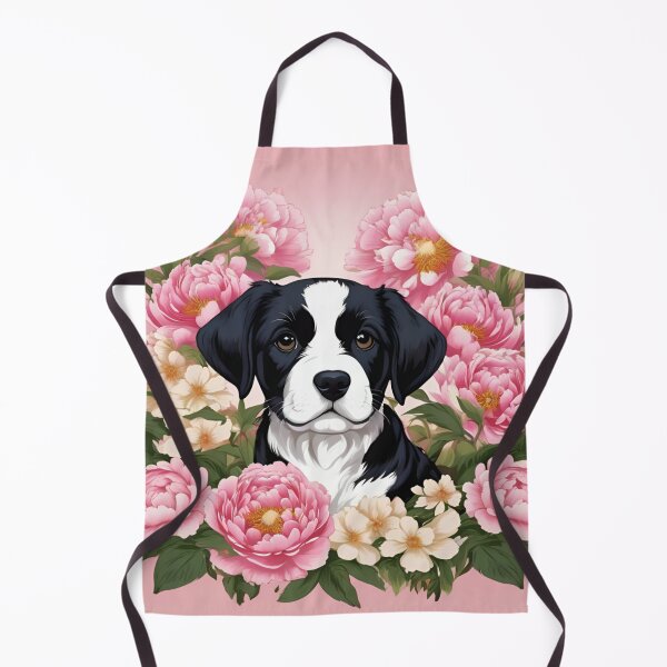 Item preview, Black and White Puppy Nestled in Pink Peonies designed and sold by CASASIS_MERCH.