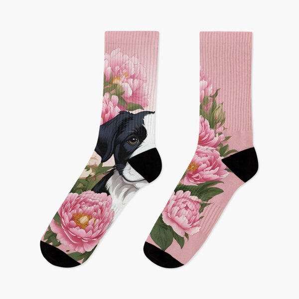 Item preview, Black and White Puppy Nestled in Pink Peonies designed and sold by CASASIS_MERCH.
