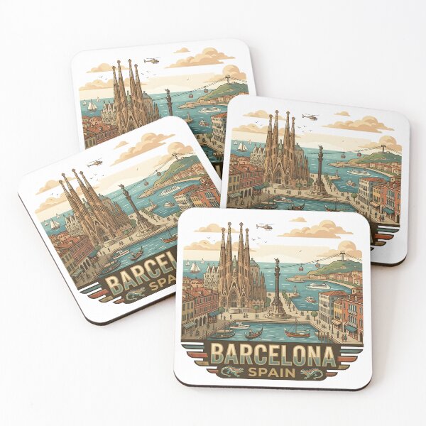 Item preview, Barcelona Spain Travel Badge - Vintage Sagrada Familia & Coastline Art designed and sold by BaliChili.