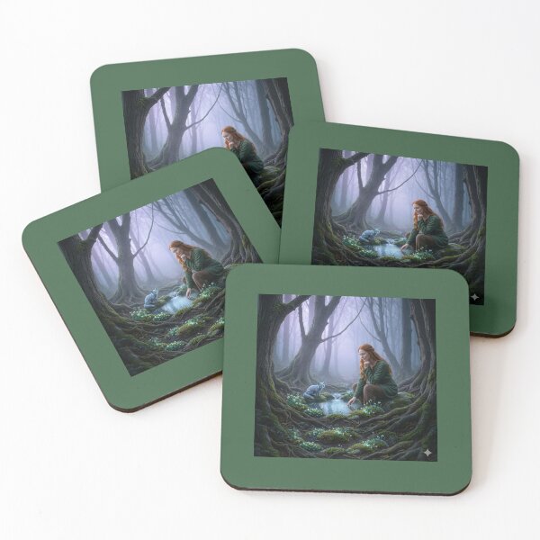 Item preview, ​​A woman and blue fox in misty woods. designed and sold by JoyNest = "The nest of joy".