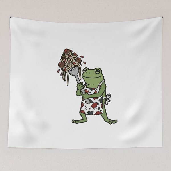 Item preview, Chef Frog with Spaghetti and Meatballs Illustration designed and sold by Floomart.