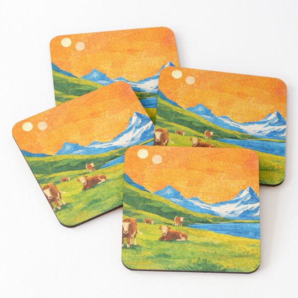 Item preview, Swiss Cows in Glowing Alpine Scenery, Mixed Media Digital Collage designed and sold by SWSandraWechner.