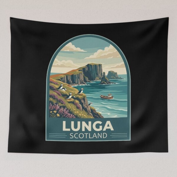 Item preview, Lunga Scotland Puffin Vintage Travel Poster - Treshnish Isles designed and sold by Loom on the Loch.