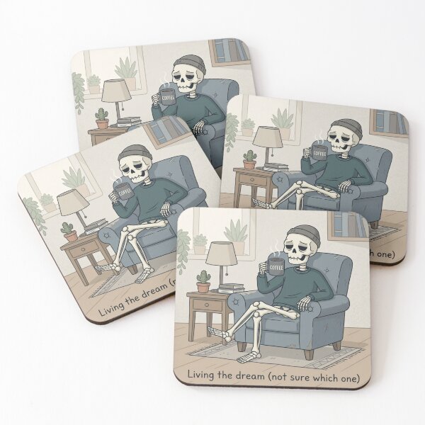 Item preview, Living the Dream Skeleton – Dark Humor Coffee & Existential Cartoon designed and sold by DeV11.