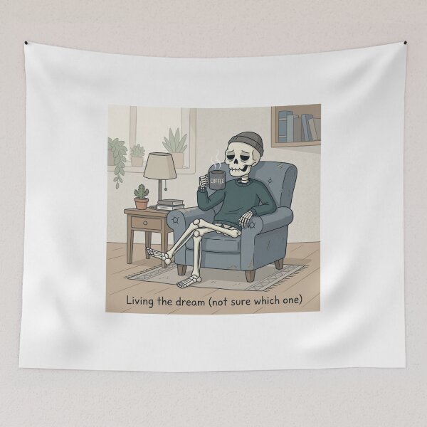 Item preview, Living the Dream Skeleton – Dark Humor Coffee & Existential Cartoon designed and sold by DeV11.