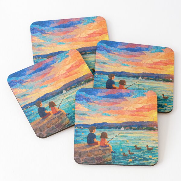 Item preview, Children playing with ducks, Sunset over Lake, Mixed Media Digital Collage designed and sold by SWSandraWechner.