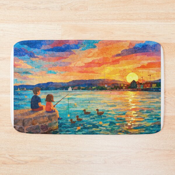 Item preview, Children playing with ducks, Sunset over Lake, Mixed Media Digital Collage designed and sold by SWSandraWechner.