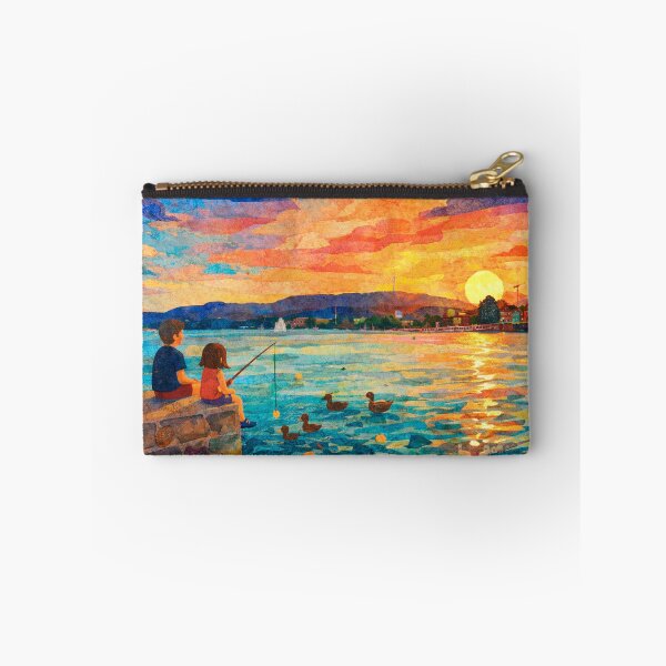 Item preview, Children playing with ducks, Sunset over Lake, Mixed Media Digital Collage designed and sold by SWSandraWechner.