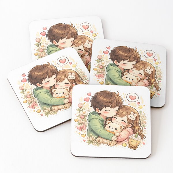 Item preview, Kawaii Couple Hugging With Bubble Tea - Cute Love Couple with Hearts and Flowers Romantic Sticker designed and sold by FluffiPopo.