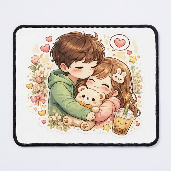 Item preview, Kawaii Couple Hugging With Bubble Tea - Cute Love Couple with Hearts and Flowers Romantic Sticker designed and sold by FluffiPopo.