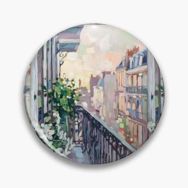 Artikelvorschau, Pariser Balkon mit weißen Blumen | Impressionistisches Dachgemälde entworfen und verkauft von CARRAANN.