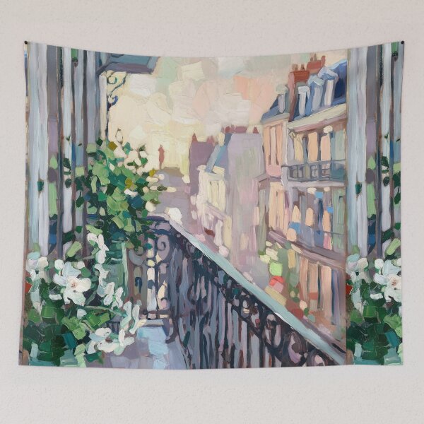 Item preview, Paris Balcony with White Flowers | Impressionist Rooftop Painting designed and sold by CARRAANN.