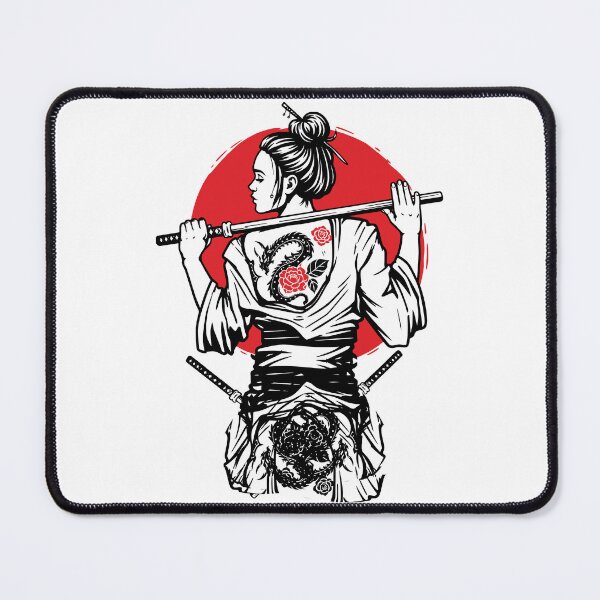 Item preview, Female Samurai with Dragon Rose Tattoo Red Sun Art designed and sold by RamyGallery.
