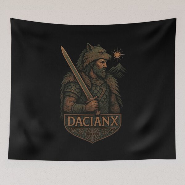 Item preview, DACIANX Romanian Warrior Design, Ancient Dacian Fighter Shirt, Carpathian Tribal Warrior, Dacia History, Falx Sword, Wolf Banner, Romanian Heritage, Balkan Warrior Art designed and sold by Typologystudios.