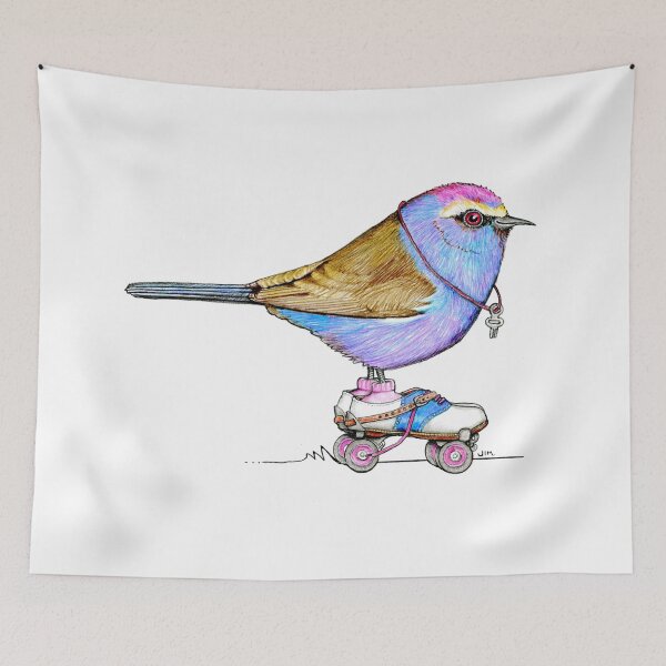 Item preview, White Browed Tit Warbler on Vintage Roller Skates designed and sold by JimsBirds.