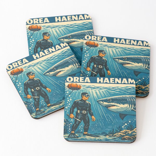 Item preview, KOREA HAENAM - Male Sea Diver Encounters Great White Shark Jeju Island Retro Vintage Poster designed and sold by KOREA-HAENAM.