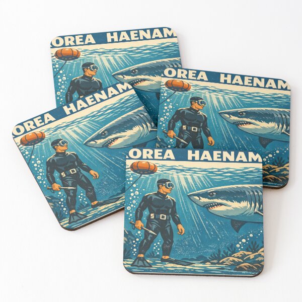 Item preview, KOREA HAENAM - Male Sea Diver Encounters Great White Shark Jeju Island Retro Vintage Poster designed and sold by KOREA-HAENAM.