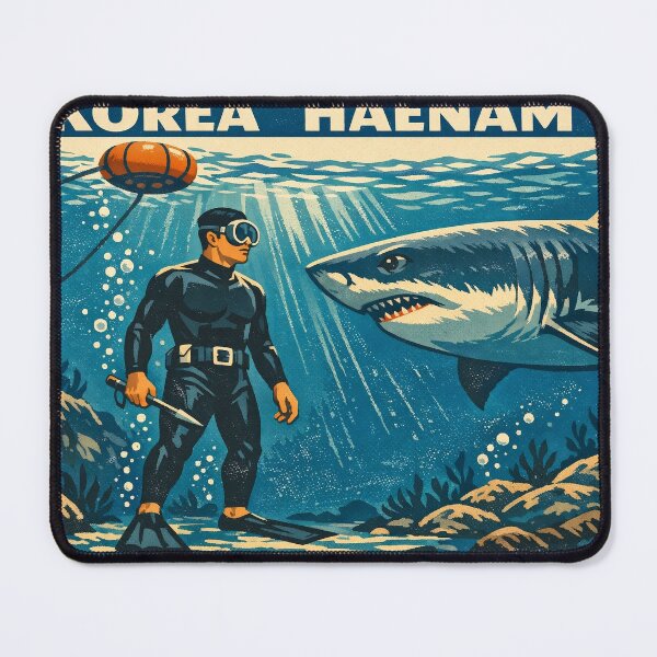 Item preview, KOREA HAENAM - Male Sea Diver Encounters Great White Shark Jeju Island Retro Vintage Poster designed and sold by KOREA-HAENAM.