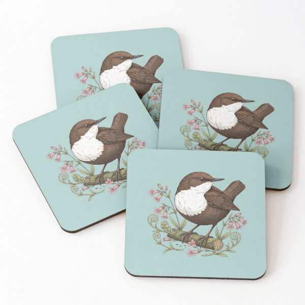 Item preview, White-throated Dipper Bird among Pink Wildflowers and Ferns designed and sold by BirdsnStuff.