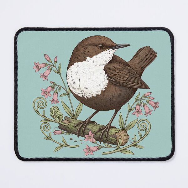 Item preview, White-throated Dipper Bird among Pink Wildflowers and Ferns designed and sold by BirdsnStuff.